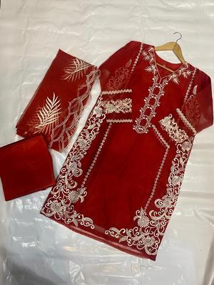 3 Pcs Women's Stitched Organza Embroidered Suit