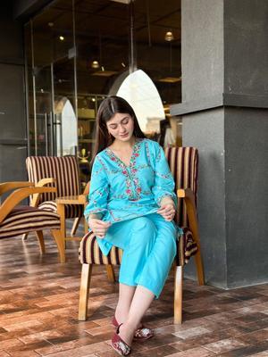 2 Pcs Women's Stitched Cotton Embroidered Shirt And Trouser