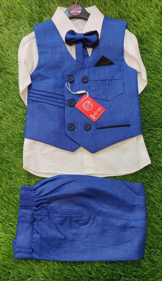 3 Pcs Boy's Stitched Cotton Plain Tuxedo Suit