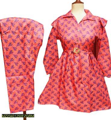 2 Pcs Women's Stitched Cotton Printed Frock And Trouser