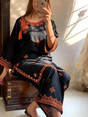 2 Pcs Women's Stitched Arabic Lawn Mirror Work Shirt And Trouser