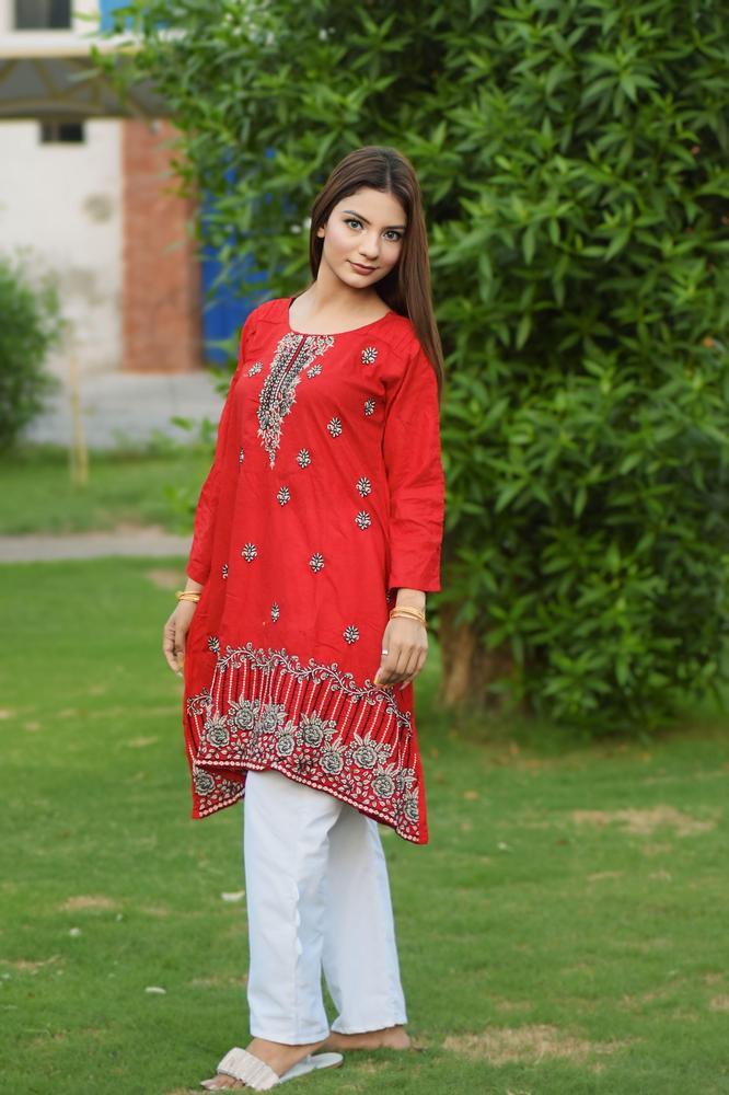 2 Pcs Women's Stitched Cotton Embroidered Shirt And Trouser