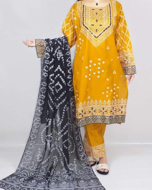 3 Pcs Women's Stitched Katan Silk Printed Suit