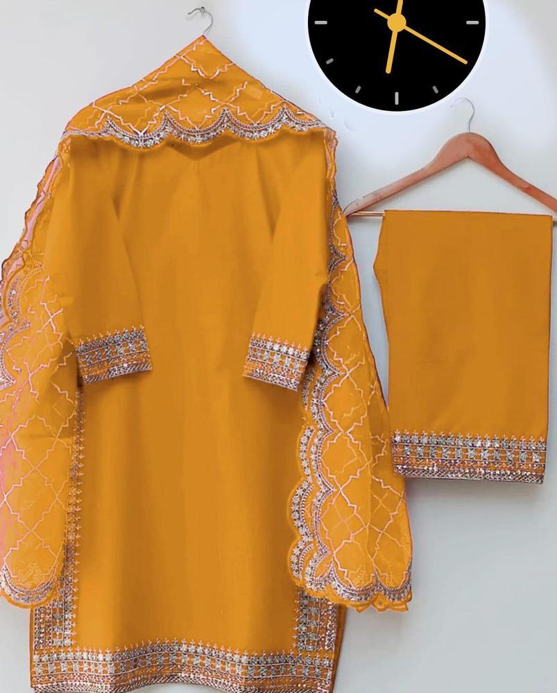 3 Pcs Women's Stitched Cotton Embroidered Suit