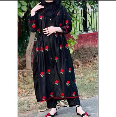 3 Pcs Women's Stitched Silk Embroidered Gown Suit