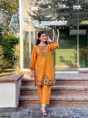 2 Pcs Women's Stitched Lawn Embroidered Shirt And Trouser