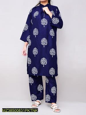 2 Pcs Women's Stitched Linen Printed Suit