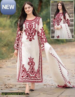 3 Pcs Women's Stitched Organza Embroidered Suit