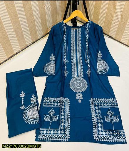 2 Pcs Block Print Womens Stitched Linen Suit