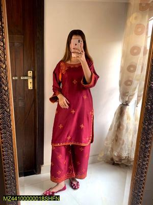 2 Pcs Women's Stitched Lawn Embroidered Shirt And Trouser - Maroon