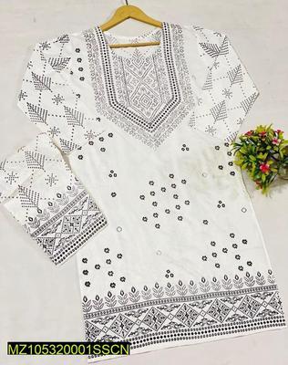 2 Pcs Women's Stitched Arabic Linen Printed Shirt And Trouser