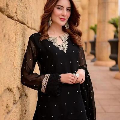 3 Pcs Women's Stitched Chiffon Embroidered Suit