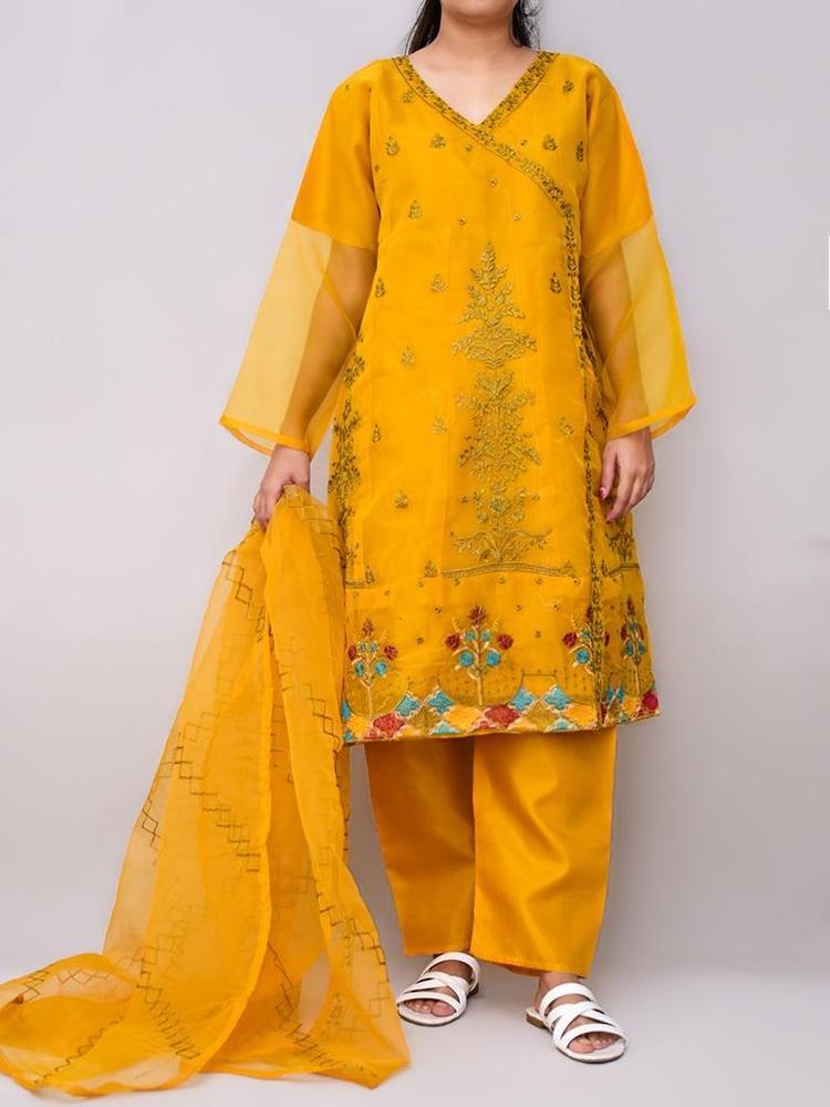 3 Pcs Women's Stitched Organza Embroidered Suit