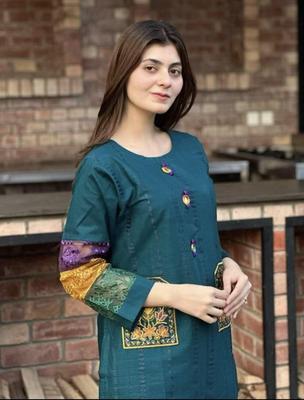 2 Pcs Women's Stitched Cotton Embroidered Shirt And Trouser