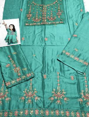 2 Pcs Girl's Linen Embroidered Shirt And Trouser Suit