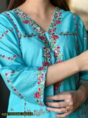 2 Pcs Women's Stitched Soft Cotton Embroidered Shirt And Trouser