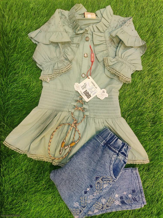 2 Pcs Girl's Cotton Lawn Plain Shirt And Denim Jeans Set