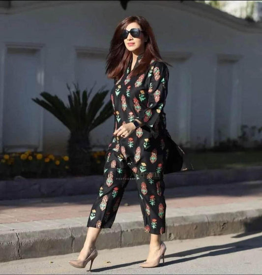 2 Pcs Women's Stitched Linen Printed Suit