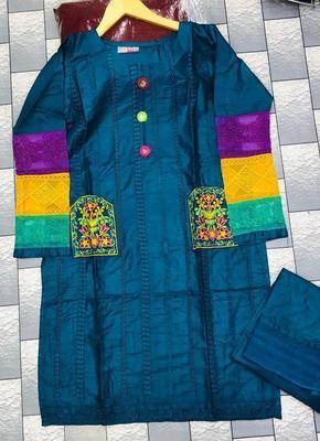 2 Pcs Women's Stitched Cotton Embroidered Frock And Trouser