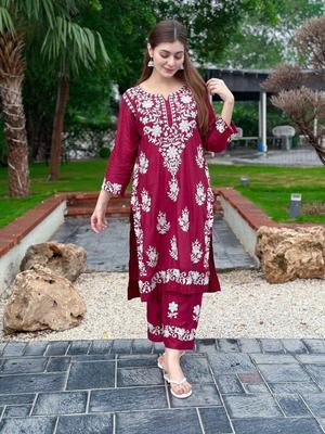 2 Pcs Women's Stitched Cotton Embroidered Shirt And Trouser