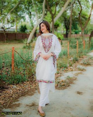 2 Pcs Women's Stitched Linen Sequins Embroidered Shirt And Trouser