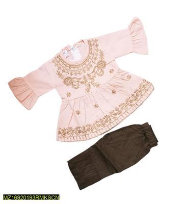 Baby Girl's Cotton Embroidered Frock And Trouser Set