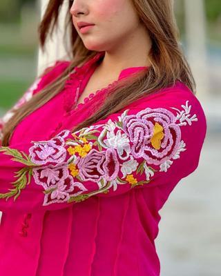 2 Pcs Women's Stitched Arabic Lawn Embroidered Suit