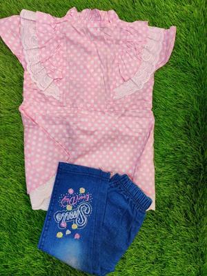 Girl's Cotton Printed Shirt And Denim Jeans Set -