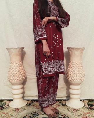 2 Pcs Women's Stitched Arabic Lawn Printed Shirt And Trouser