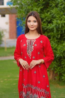 2 Pcs Women's Stitched Cotton Embroidered Shirt And Trouser