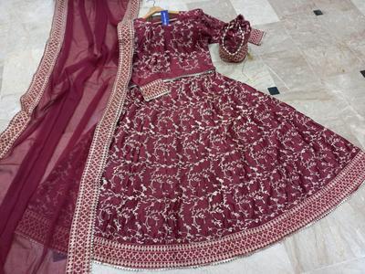 4 Pcs Women's Stitched Katan Silk Embroidered Lehenga