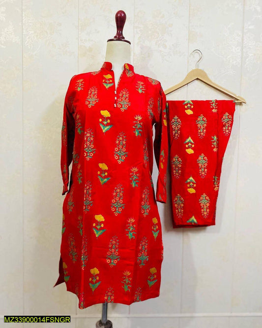 2 Pcs Women's Stitched Linen Printed Suit