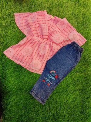 Baby Girl's Chiffon Shirt And Denim Trouser Set -