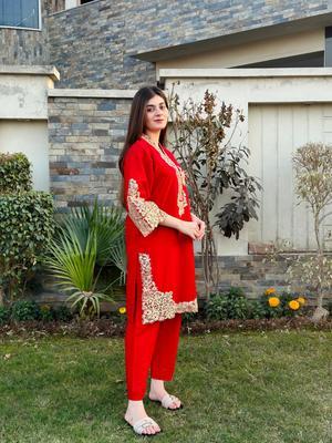 2 Pcs Women's Stitched Cotton Embroidered Shirt And Trouser