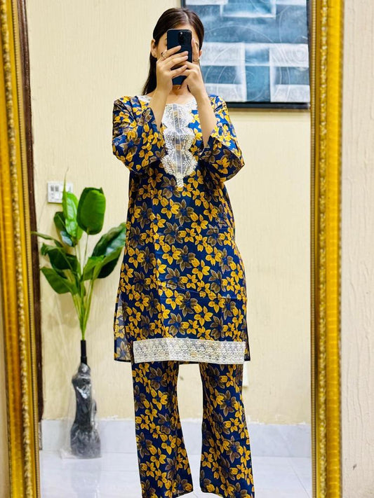 2 Pcs Women's Stitched Lawn Embroidered Shirt And Trouser