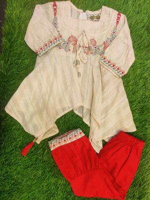 2 Pcs Girl's Cotton Lawn Plain Shirt And Trouser Suit