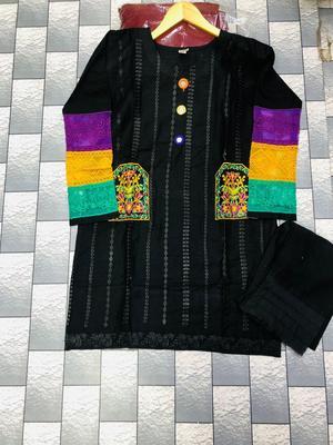 2 Pcs Women's Stitched Cotton Embroidered Shirt And Trouser