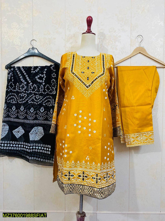 3 Pcs Women's Stitched Katan Silk Embroidered Suit