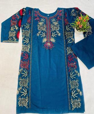 2 Pcs Women's Stitched Cotton Embroidered Shirt And Trouser