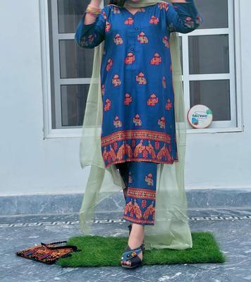 2 Pcs Women's Stitched Linen Printed Suit