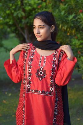 2 Pcs Women's Stitched Cotton Embroidered Shirt And Trouser