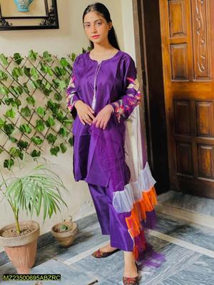 3 Pcs Women's Stitched Katan Silk Embroidered Suit