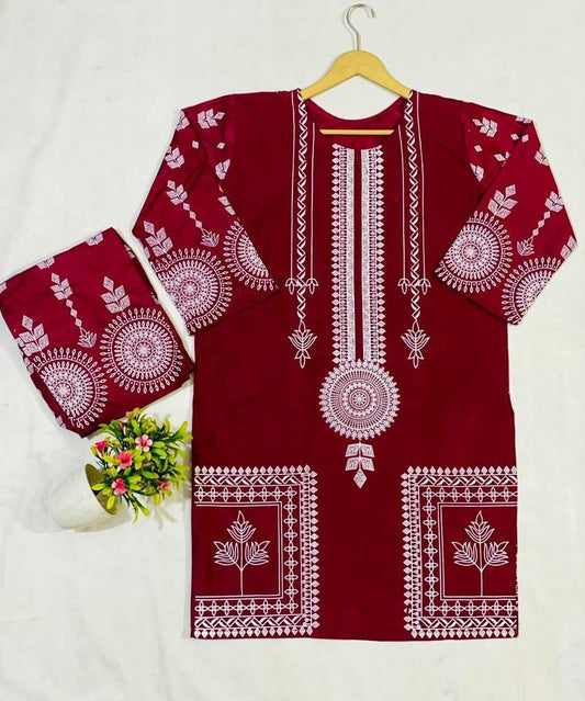 2 Pcs Women's Stitched Lawn Embroidered Shirt And Trouser