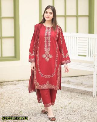 2 Pcs Women's Stitched Cotton Embroidered Shirt And Trouser