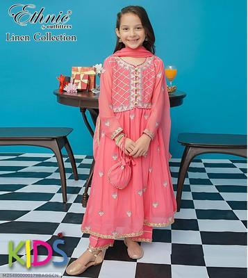 2 Pcs Girl's Linen Embroidered Shirt And Trouser Suit