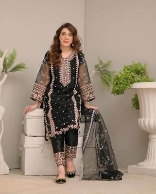 3 Pcs Women's Stitched Organza Embroidered Suit