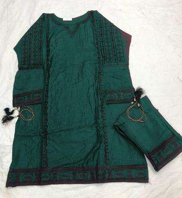 2 Pcs Women's Stitched Katan Silk Embroidered Shirt And Trouser