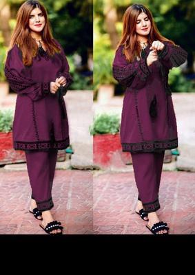 2 Pcs Women's Stitched Katan Silk Embroidered Shirt And Trouser