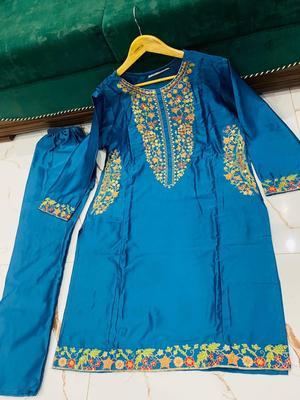 2 Pcs Women's Stitched Katan Silk Sequins Embroidered Kurta And Trouser