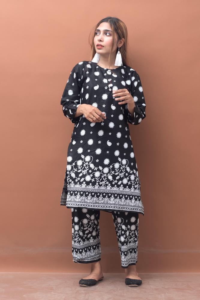 2 Pcs Women's Stitched Lawn Printed Shirt And Trouser